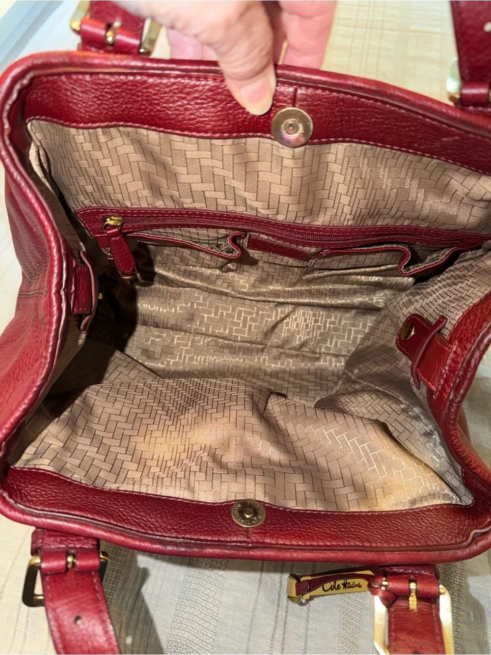 Cole Haan Burgundy Prudence Tote Bag featuring braided leather design